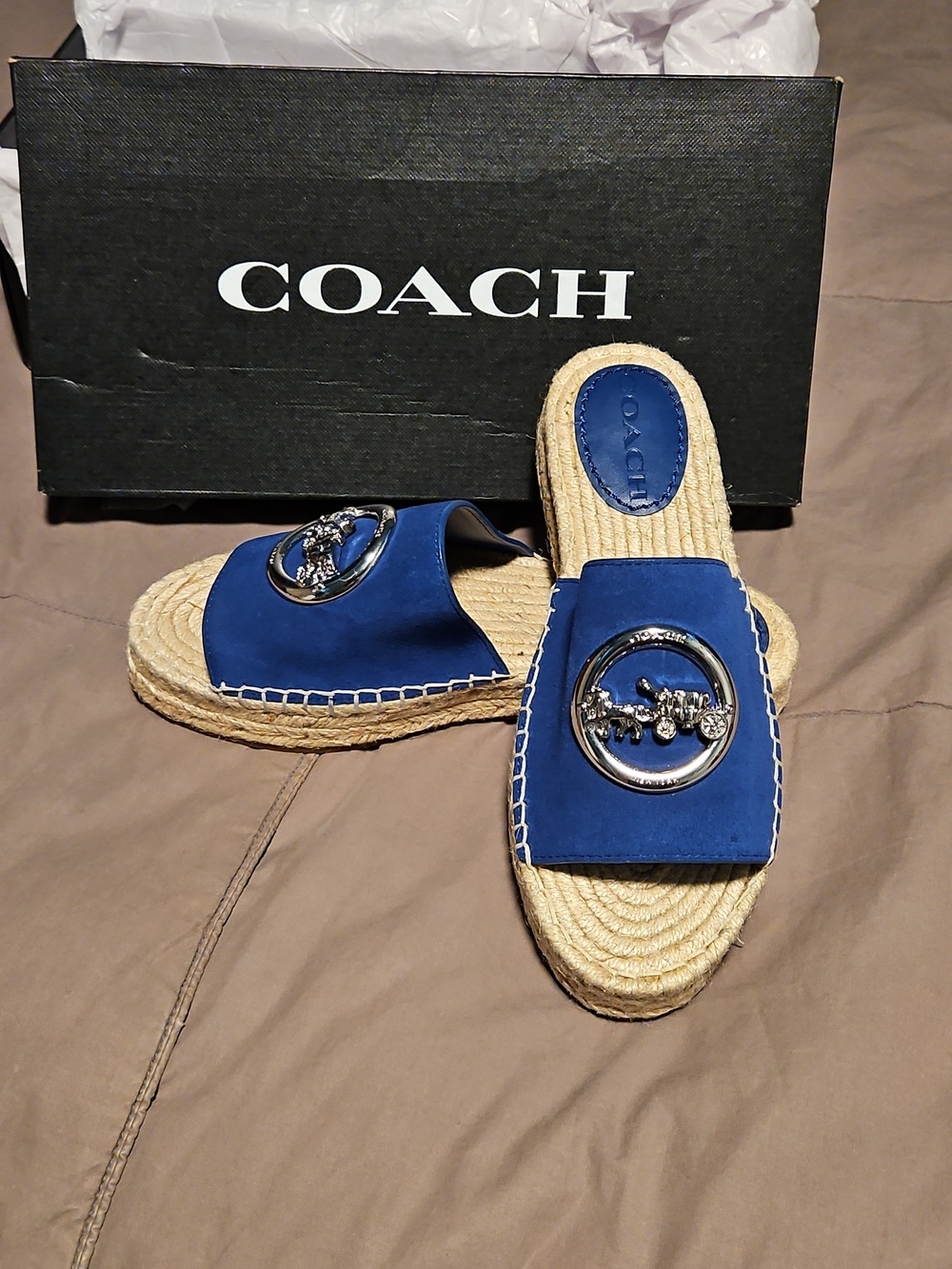New Coach Camille Blue Suede Espadrille Slide Sandals With Box sz‎ 6 $178rt